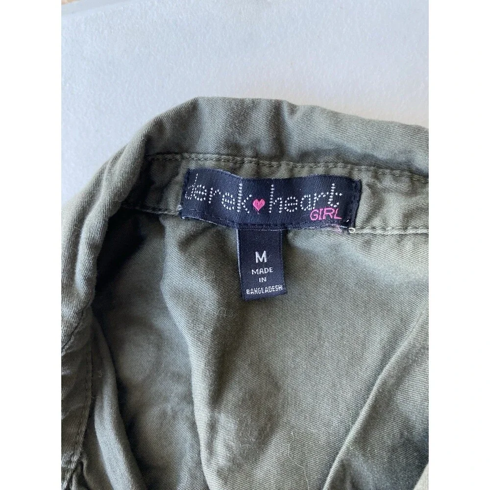 Derek Heart Girl M Olive Green Shirt Dress Embroidered Floral Utility Jacket